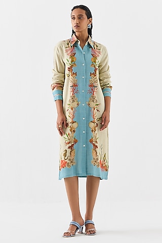 Multi-Colored Linen Digital Printed Shirt Dress by Studio Rigu