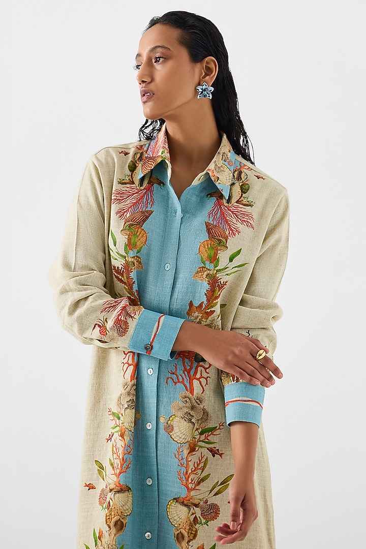 Multi-Colored Linen Digital Printed Vacation Shirt Dress by Studio Rigu at Pernia's Pop Up Shop