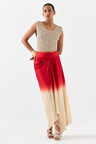 Beige & Red Vegan Silk Dip Dyed Skirt Set by Studio Rigu