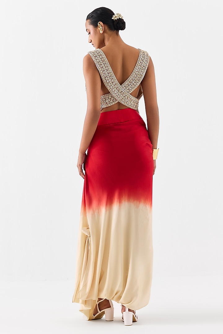 Beige & Red Vegan Silk Dip Dyed Skirt Set by Studio Rigu at Pernia's Pop Up Shop