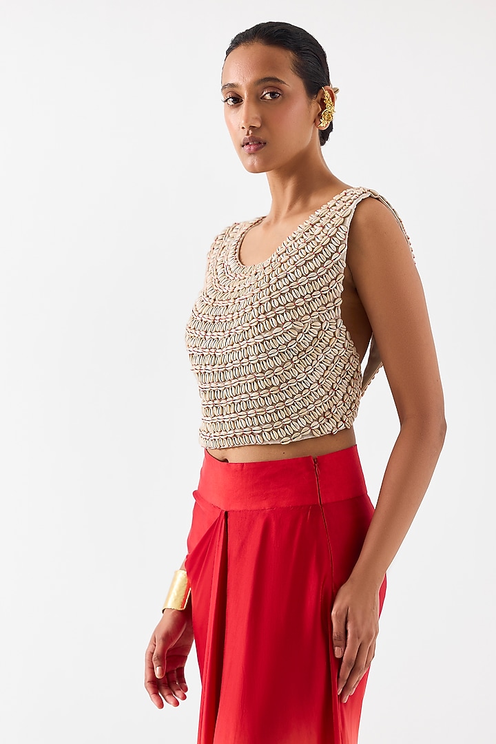 Beige & Red Vegan Silk Dip Dyed Skirt Set by Studio Rigu at Pernia's Pop Up Shop