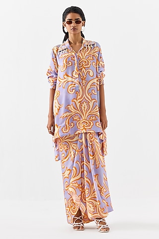 Lilac Vegan Silk Digital Printed Co-Ord Set by Studio Rigu