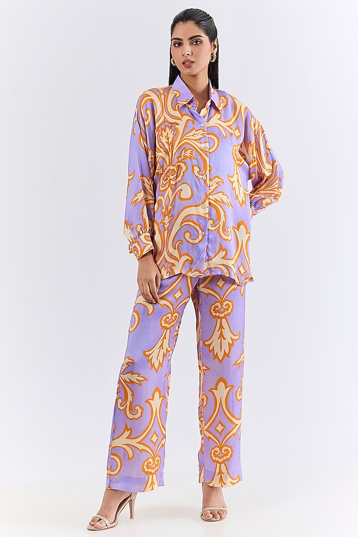 Multi-Colored Vegan Silk Printed & Embroidered Co-Ord Set by Studio Rigu at Pernia's Pop Up Shop