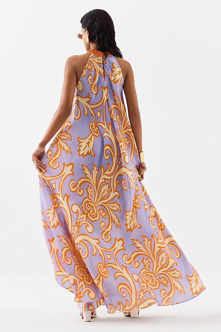 Lilac Vegan Silk Digital Printed & Embroidered Halter Maxi Vacation Dress by Studio Rigu at Pernia's Pop Up Shop