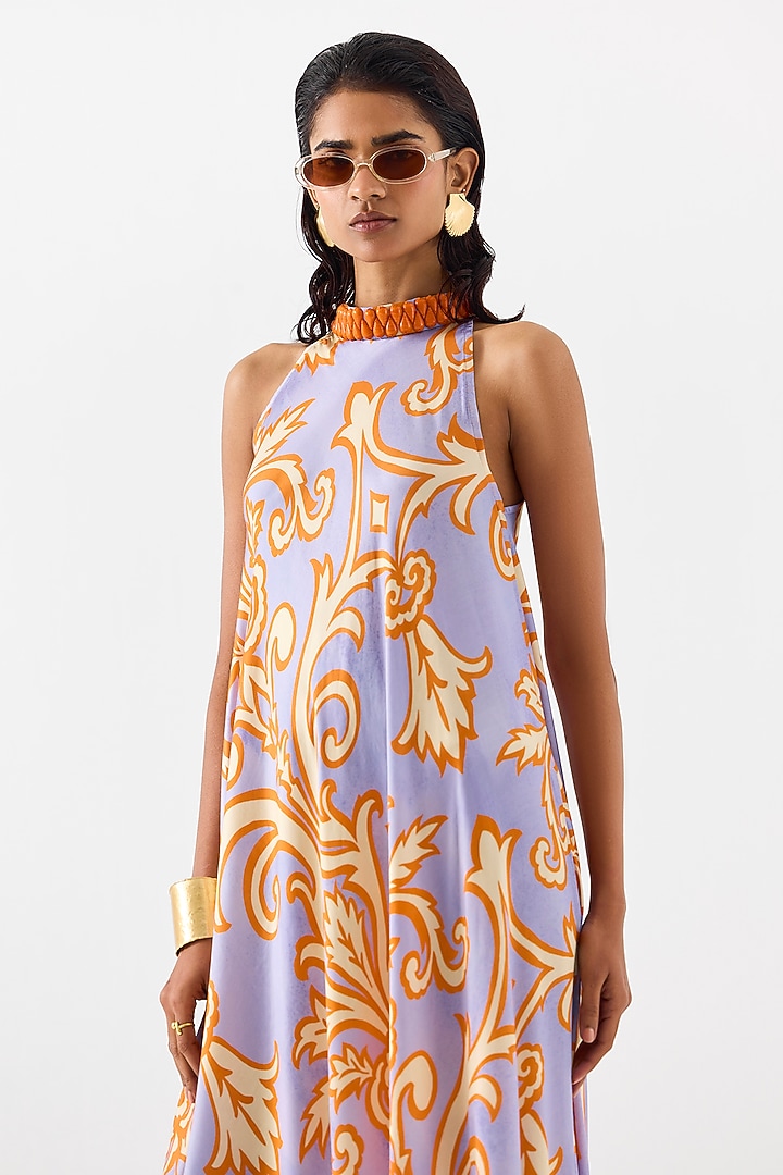 Lilac Vegan Silk Digital Printed & Embroidered Halter Maxi Vacation Dress by Studio Rigu at Pernia's Pop Up Shop