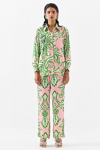 Baby Pink Vegan Silk Digital Printed Co-Ord Set by Studio Rigu