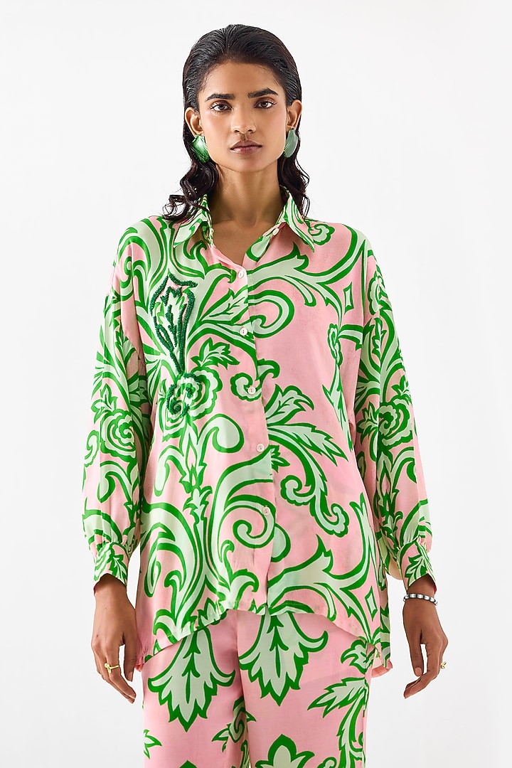 Baby Pink Vegan Silk Digital Printed Co-Ord Set by Studio Rigu at Pernia's Pop Up Shop
