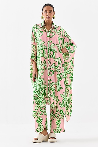 Baby Pink Vegan Silk Digital Printed Co-Ord Set by Studio Rigu