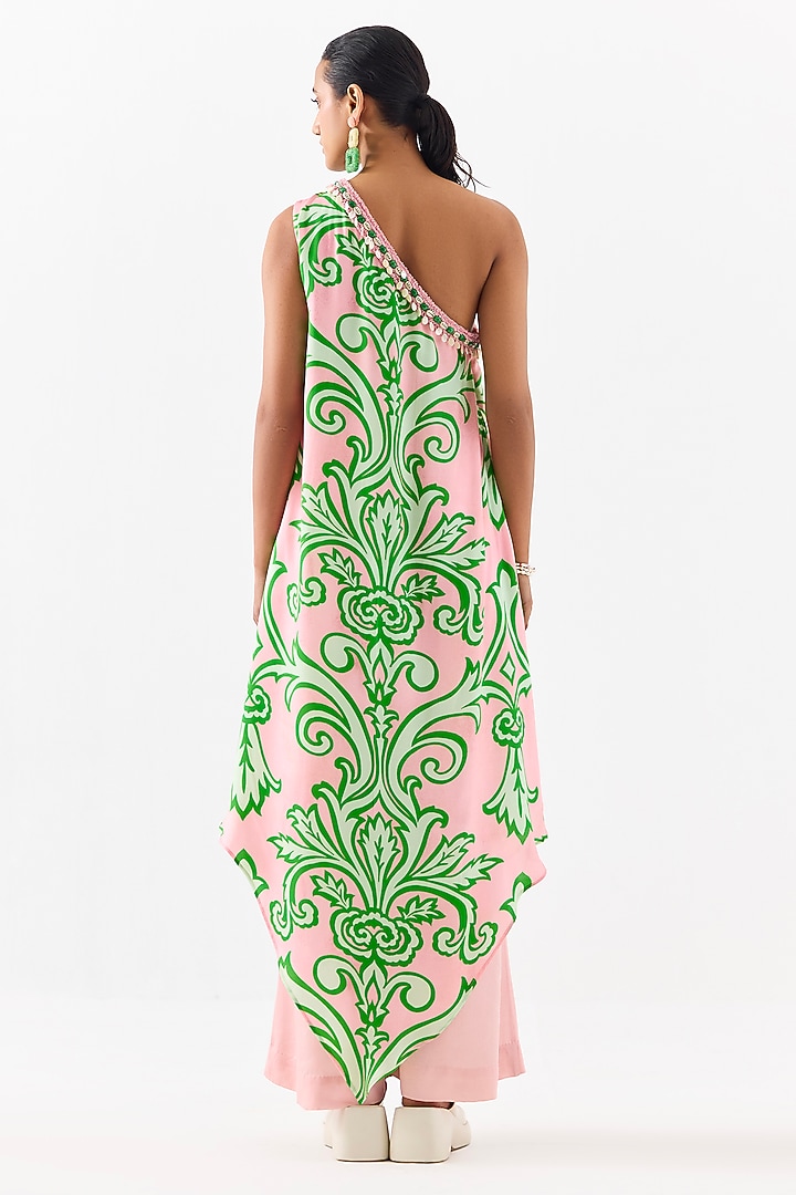 Baby Pink Vegan Silk Digital Printed & Embroidered One-Shoulder Kurta Set by Studio Rigu at Pernia's Pop Up Shop