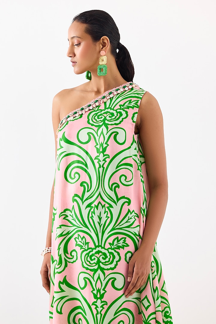 Baby Pink Vegan Silk Digital Printed & Embroidered One-Shoulder Kurta Set by Studio Rigu at Pernia's Pop Up Shop