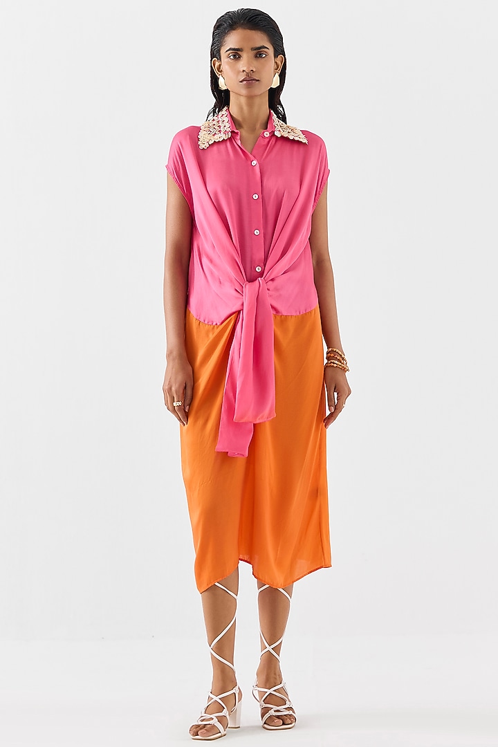 Pink & Orange Vegan Silk Hand Embroidered Hand-Dyed Knotted Vacation Dress by Studio Rigu at Pernia's Pop Up Shop