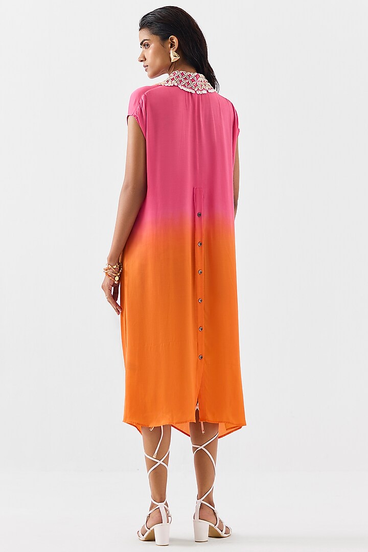 Pink & Orange Vegan Silk Hand Embroidered Hand-Dyed Knotted Vacation Dress by Studio Rigu at Pernia's Pop Up Shop