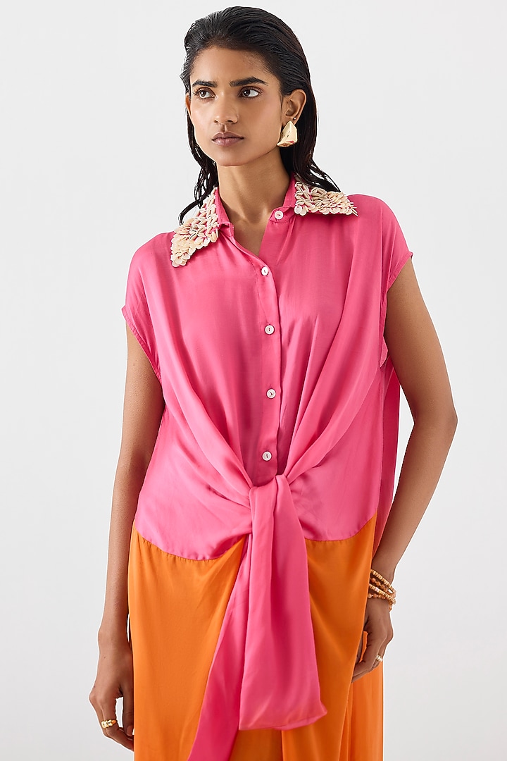 Pink & Orange Vegan Silk Hand Embroidered Hand-Dyed Knotted Vacation Dress by Studio Rigu at Pernia's Pop Up Shop