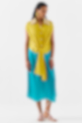 Yellow & Blue Vegan Silk Hand Embroidered Hand-Dyed Knotted Vacation Dress by Studio Rigu at Pernia's Pop Up Shop