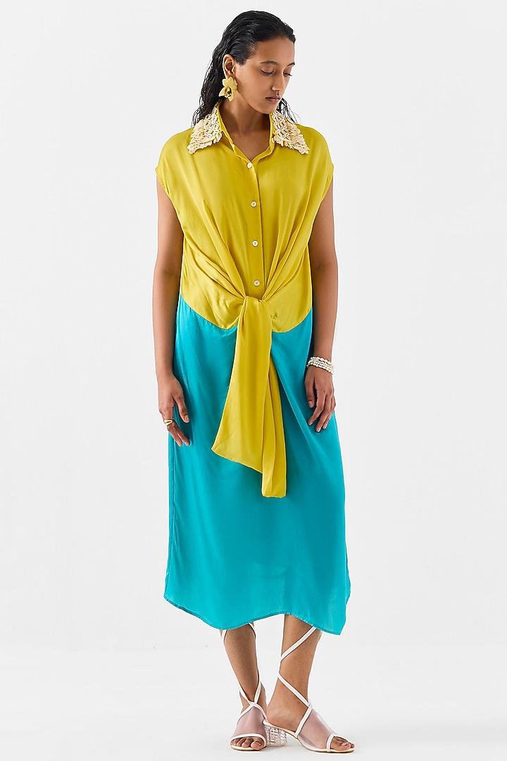 Yellow & Blue Vegan Silk Hand Embroidered Hand-Dyed Knotted Vacation Dress by Studio Rigu at Pernia's Pop Up Shop