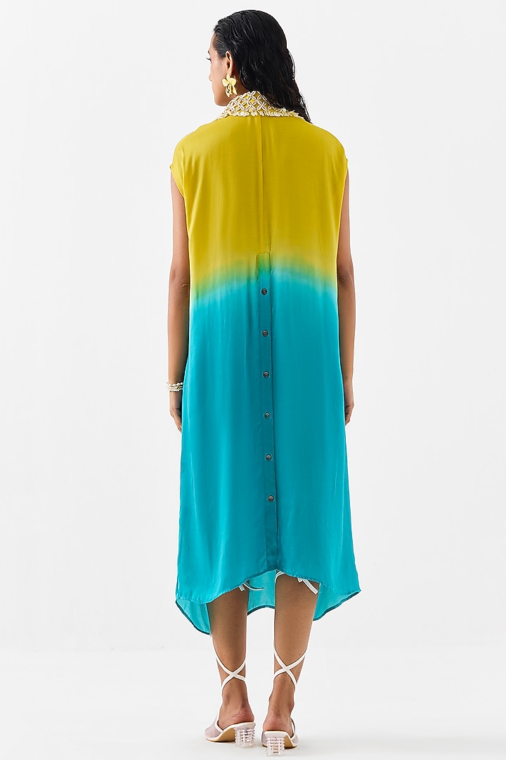 Yellow & Blue Vegan Silk Hand Embroidered Hand-Dyed Knotted Vacation Dress by Studio Rigu at Pernia's Pop Up Shop