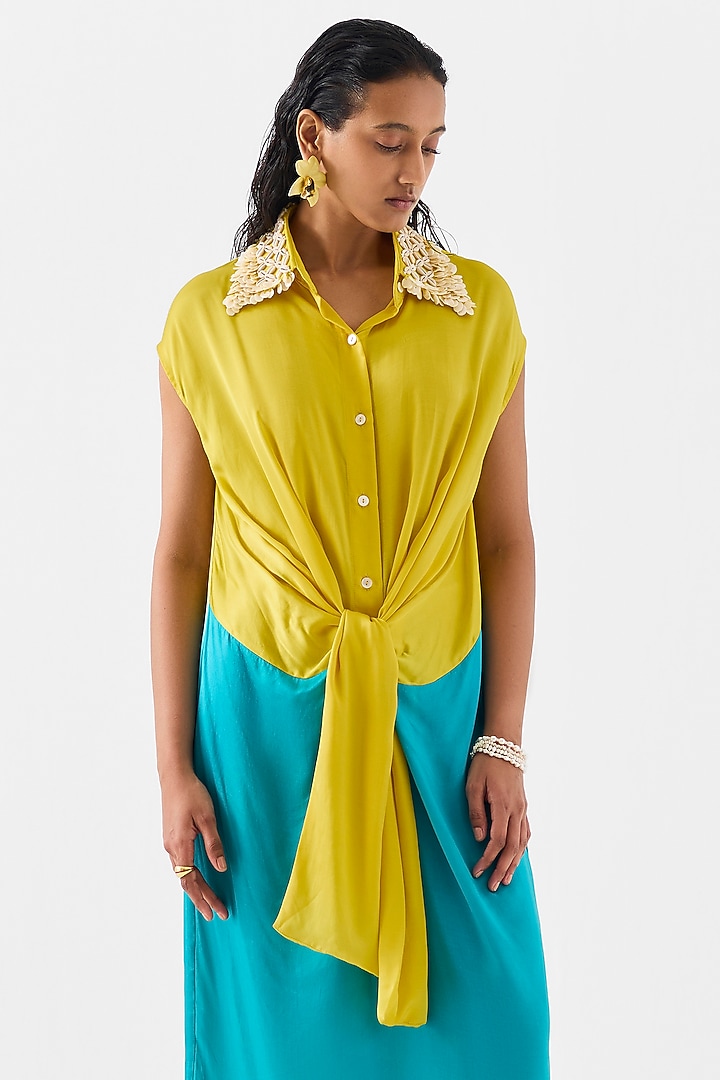Yellow & Blue Vegan Silk Hand Embroidered Hand-Dyed Knotted Vacation Dress by Studio Rigu at Pernia's Pop Up Shop