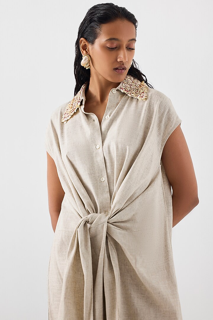Natural Beige Linen Hand-Dyed Knotted Vacation Dress by Studio Rigu at Pernia's Pop Up Shop