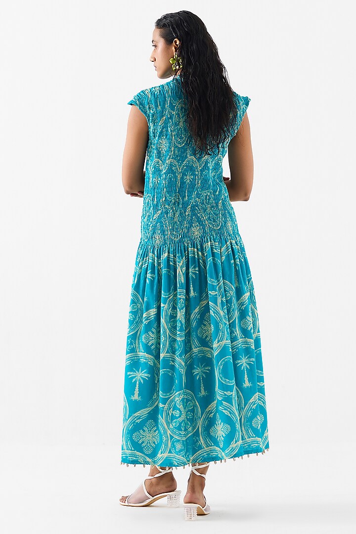 Turquoise Cotton Digital Printed Vacation Dress by Studio Rigu at Pernia's Pop Up Shop