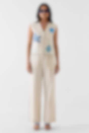 Cream Viscose Linen Patch Hand Embroidered Co-Ord Set by Studio Rigu at Pernia's Pop Up Shop