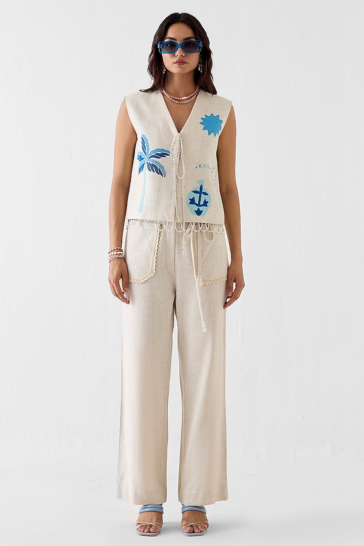 Cream Viscose Linen Patch Hand Embroidered Co-Ord Set by Studio Rigu at Pernia's Pop Up Shop