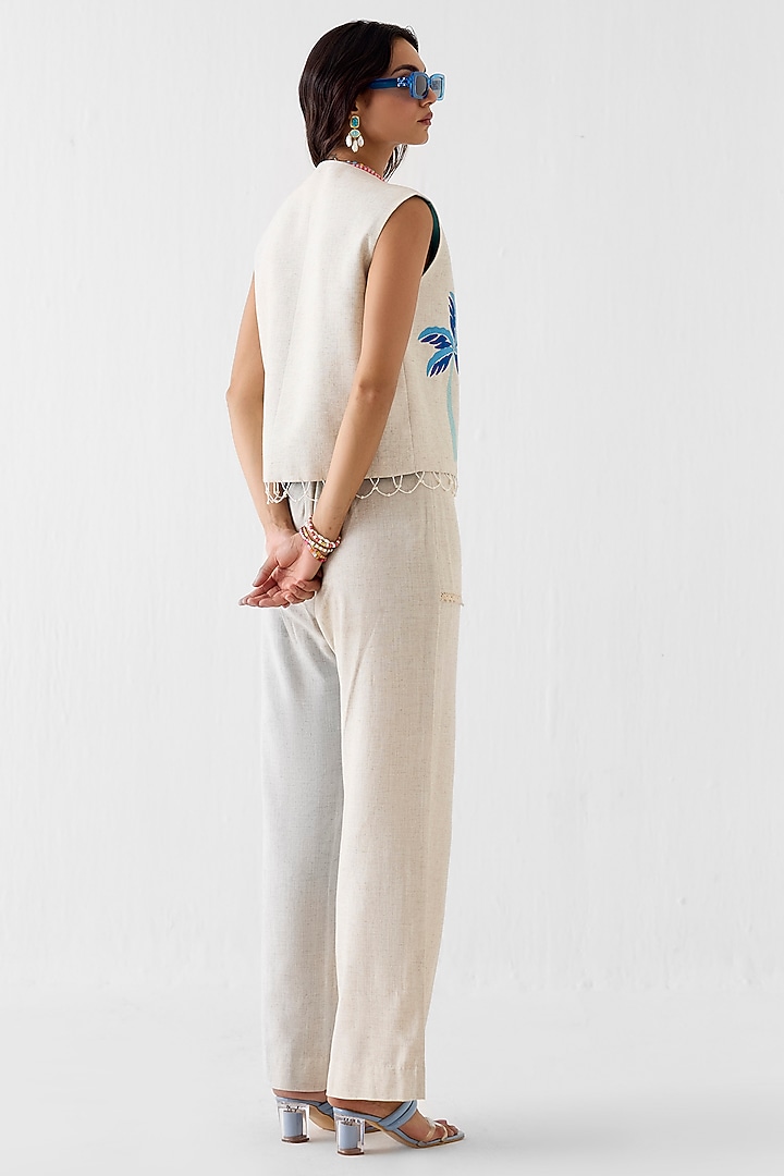 Cream Viscose Linen Patch Hand Embroidered Co-Ord Set by Studio Rigu at Pernia's Pop Up Shop