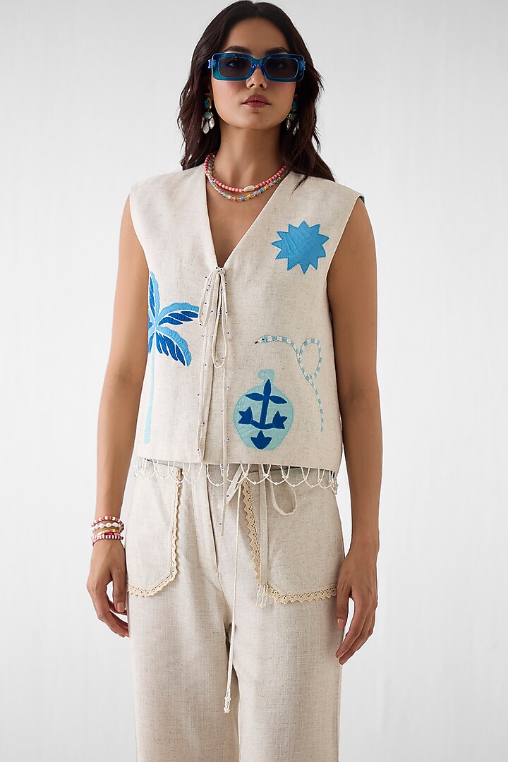 Cream Viscose Linen Patch Hand Embroidered Co-Ord Set by Studio Rigu at Pernia's Pop Up Shop