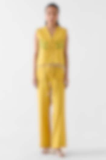Mustard Viscose Linen Patch Hand Embroidered Co-Ord Set by Studio Rigu at Pernia's Pop Up Shop