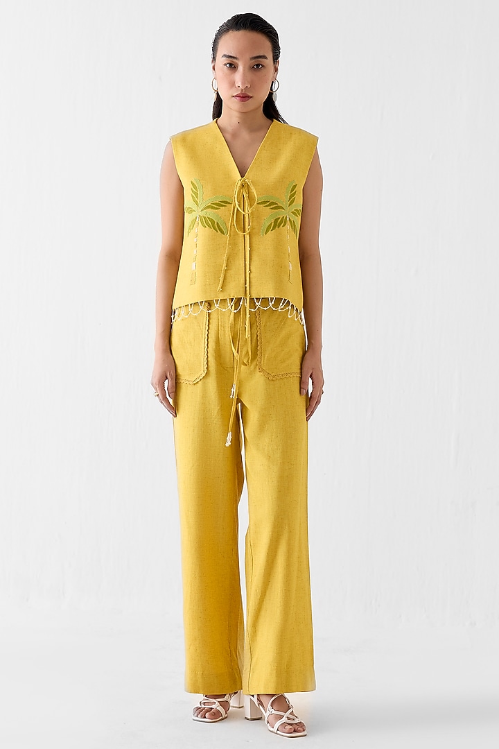 Mustard Viscose Linen Patch Hand Embroidered Co-Ord Set by Studio Rigu at Pernia's Pop Up Shop
