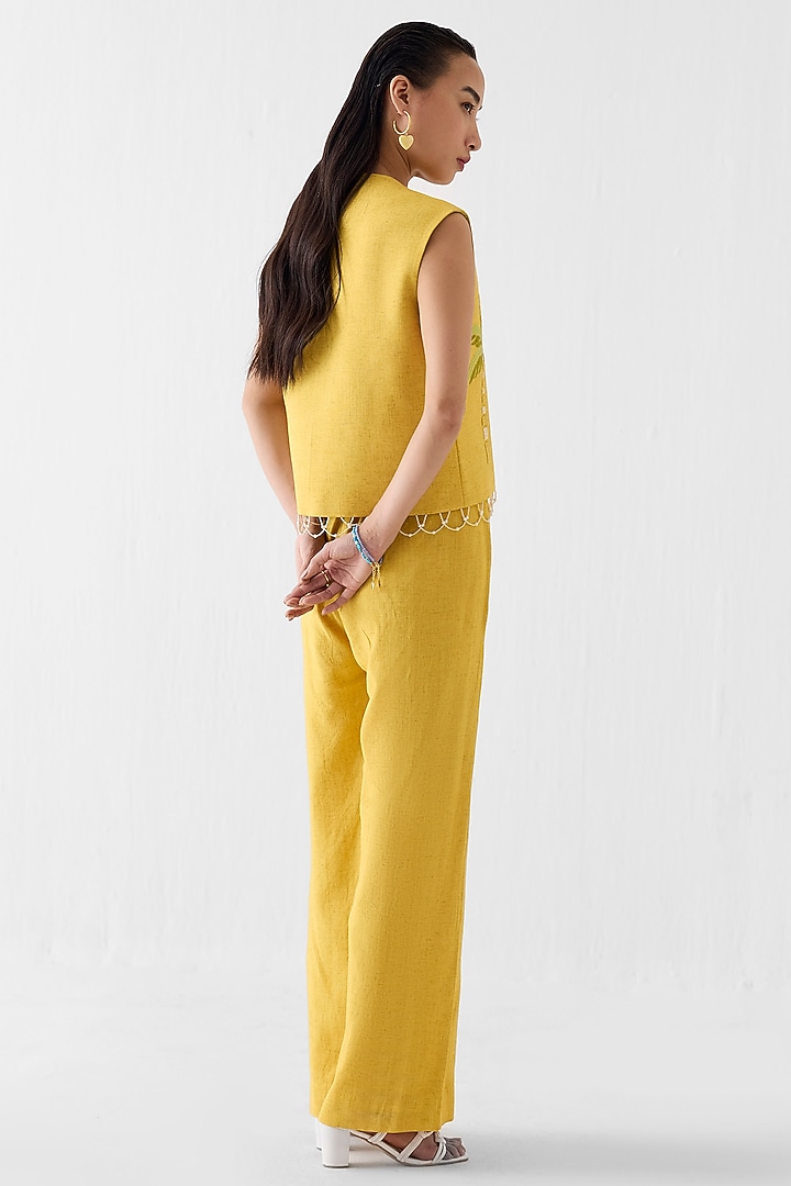 Mustard Viscose Linen Patch Hand Embroidered Co-Ord Set by Studio Rigu at Pernia's Pop Up Shop