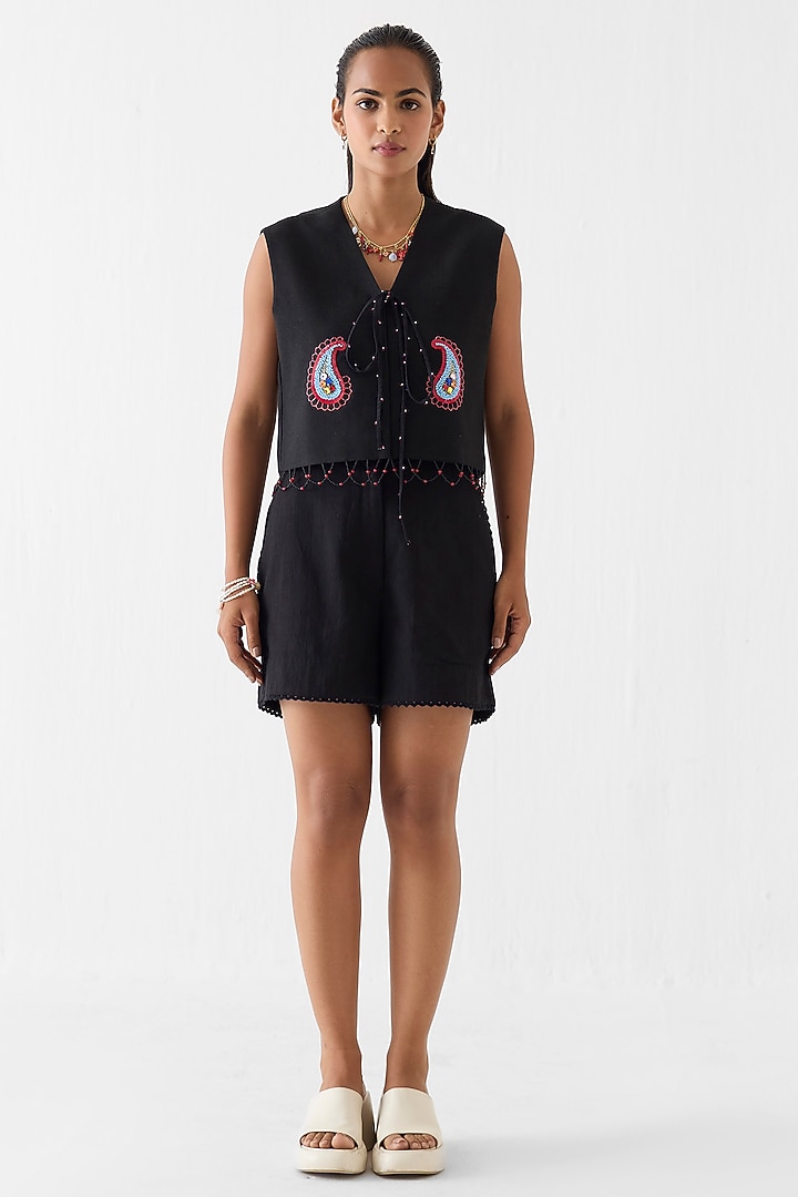 Midnight Blue Viscose Linen Hand Embroidered Co-Ord Set by Studio Rigu at Pernia's Pop Up Shop
