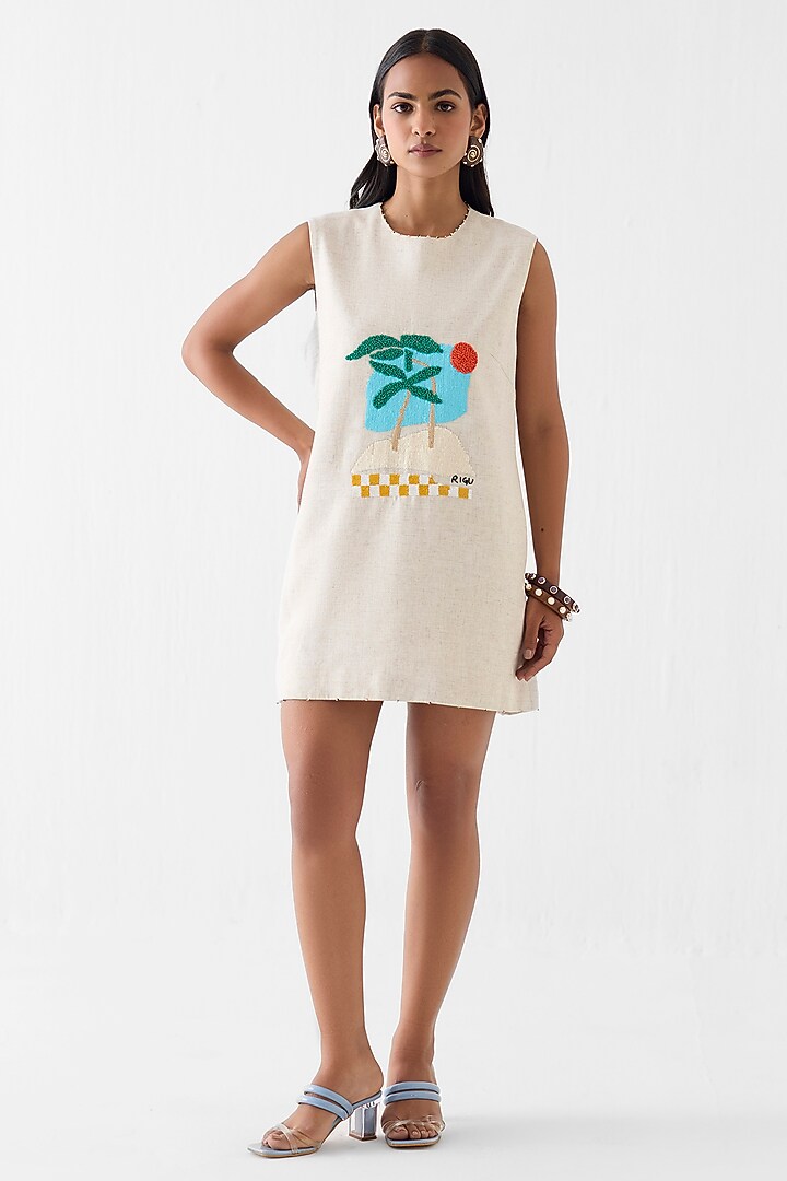 Cream Viscose Linen Sequin Hand Embroidered Shift Vacation Dress by Studio Rigu at Pernia's Pop Up Shop