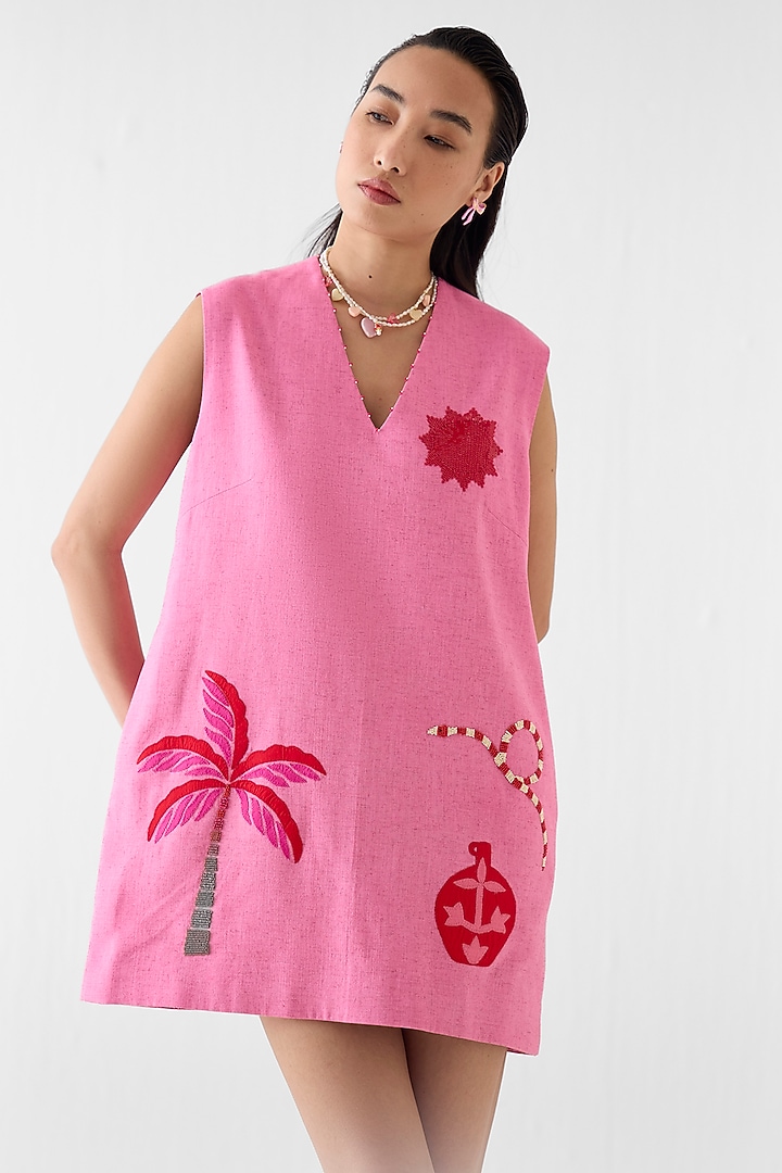 Pink Viscose Linen Hand Embroidered Shift Vacation Dress by Studio Rigu at Pernia's Pop Up Shop