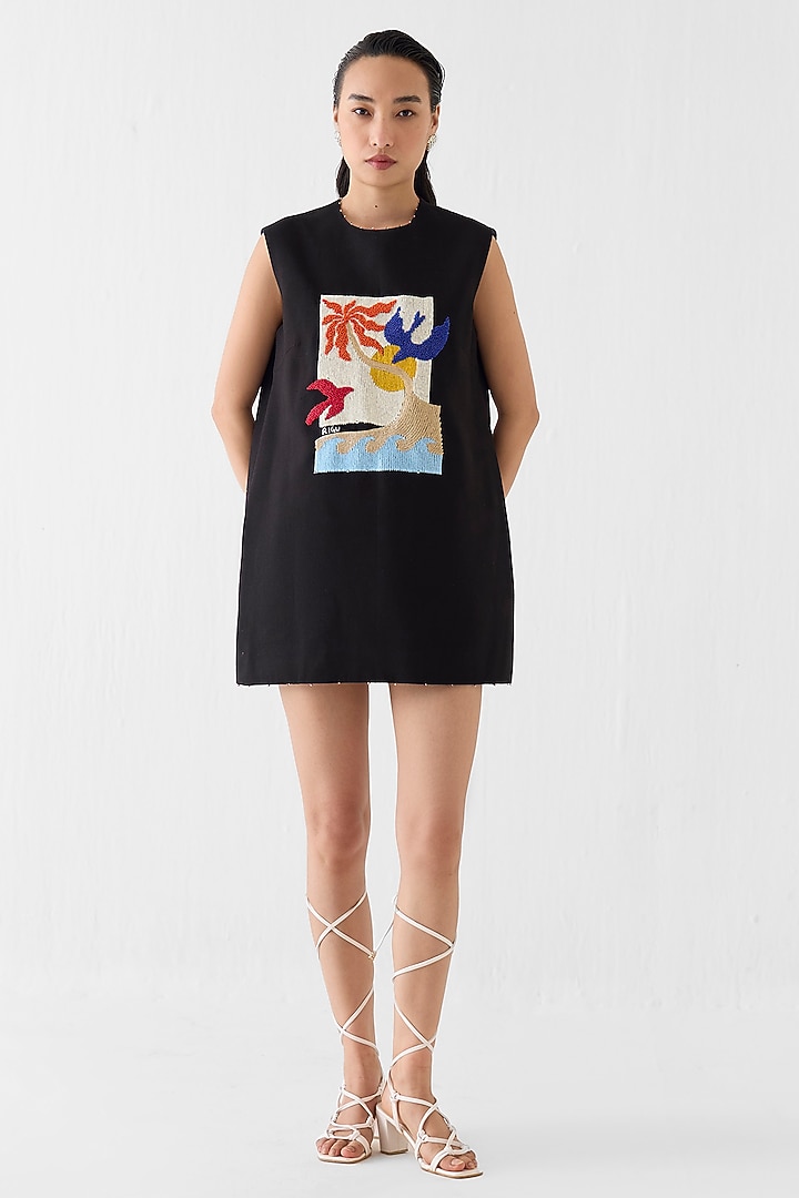 Black Viscose Linen Hand Embroidered Shift Vacation Dress by Studio Rigu at Pernia's Pop Up Shop