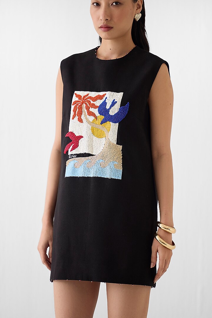 Black Viscose Linen Hand Embroidered Shift Vacation Dress by Studio Rigu at Pernia's Pop Up Shop
