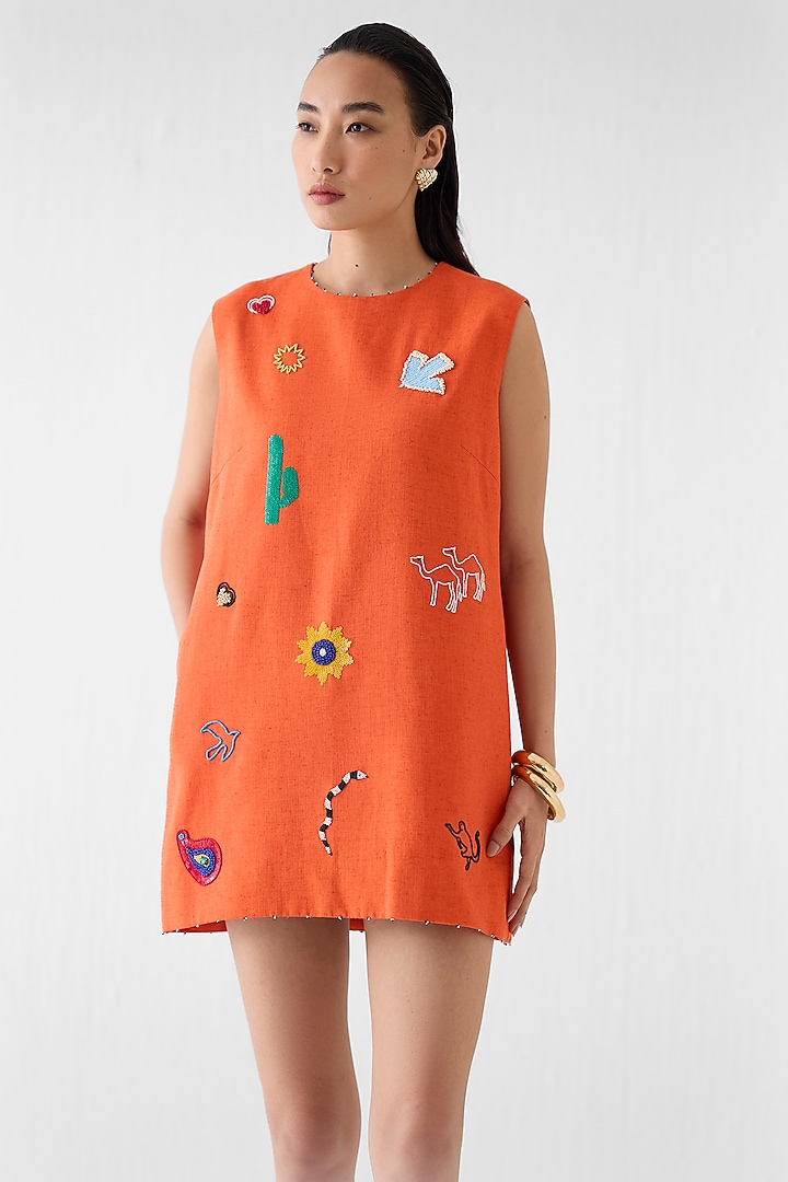 Orange Viscose Linen Hand Embroidered Shift Vacation Dress by Studio Rigu at Pernia's Pop Up Shop