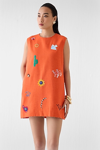 Orange Viscose Linen Hand Embroidered Shift Dress by Studio Rigu