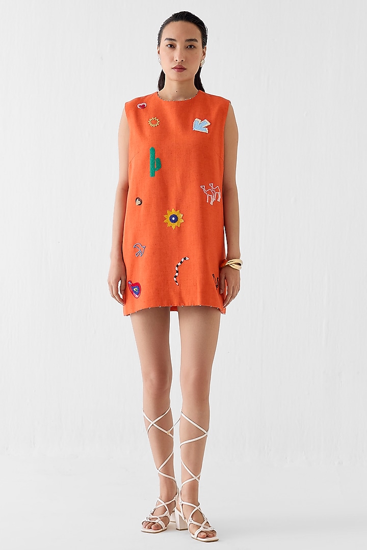 Orange Viscose Linen Hand Embroidered Shift Vacation Dress by Studio Rigu at Pernia's Pop Up Shop