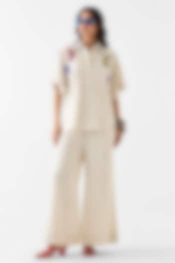 Cream Viscose Linen Hand Embroidered Co-Ord Set by Studio Rigu at Pernia's Pop Up Shop