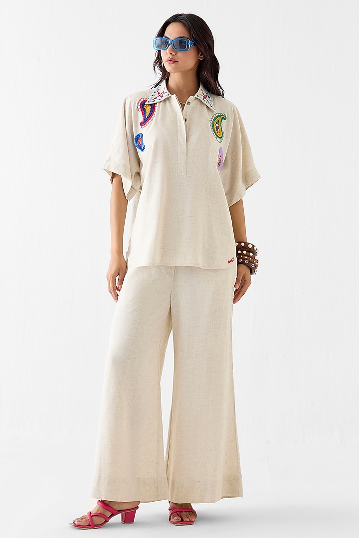 Cream Viscose Linen Hand Embroidered Co-Ord Set by Studio Rigu at Pernia's Pop Up Shop