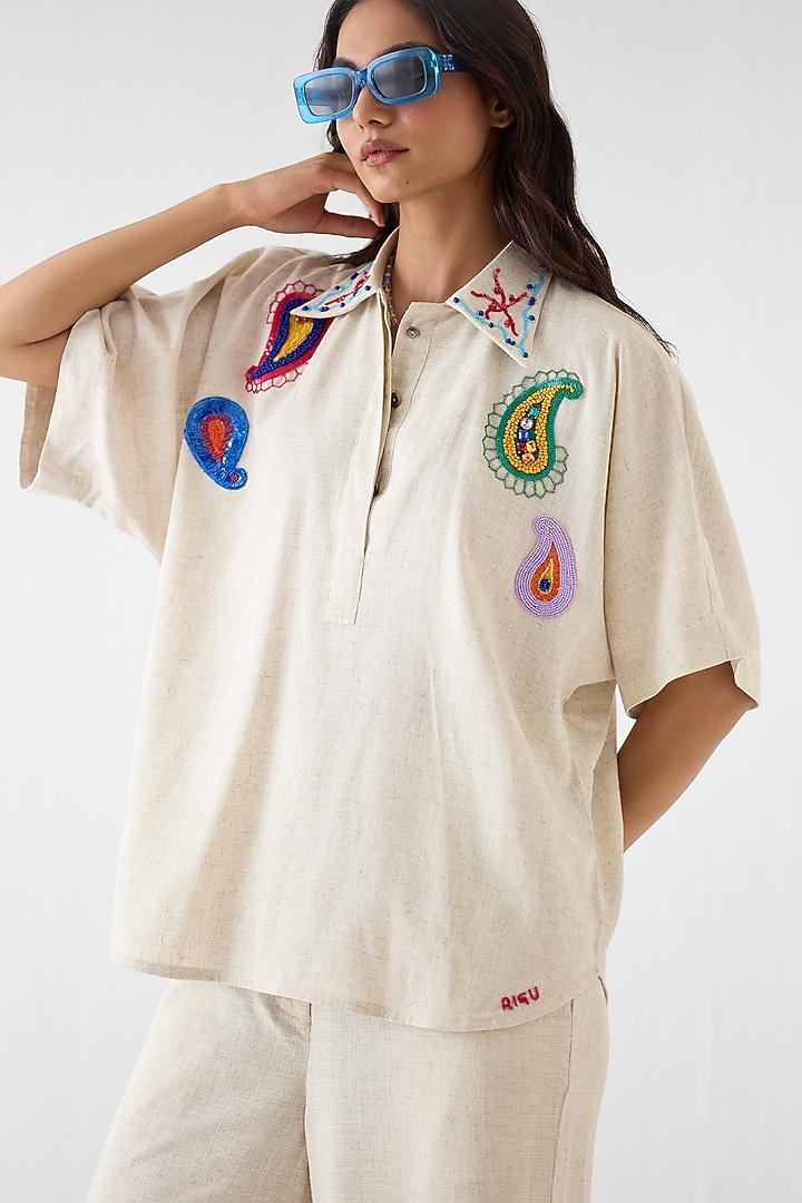 Cream Viscose Linen Hand Embroidered Co-Ord Set by Studio Rigu at Pernia's Pop Up Shop