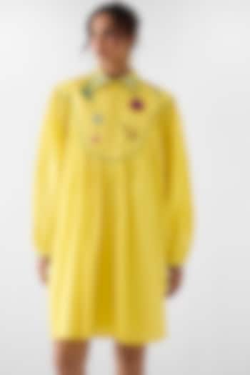 Yellow Viscose Linen Hand Embroidered Vacation Dress by Studio Rigu at Pernia's Pop Up Shop