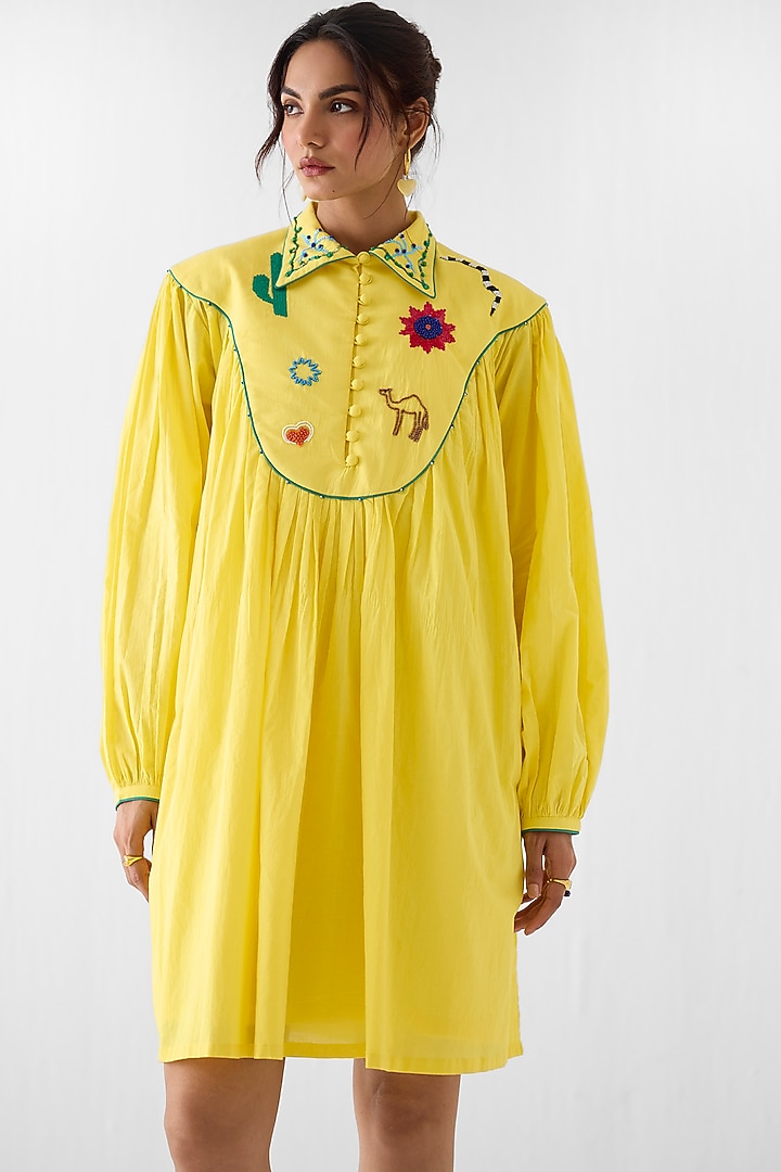Yellow Viscose Linen Hand Embroidered Vacation Dress by Studio Rigu at Pernia's Pop Up Shop