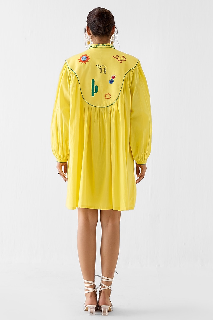Yellow Viscose Linen Hand Embroidered Vacation Dress by Studio Rigu at Pernia's Pop Up Shop