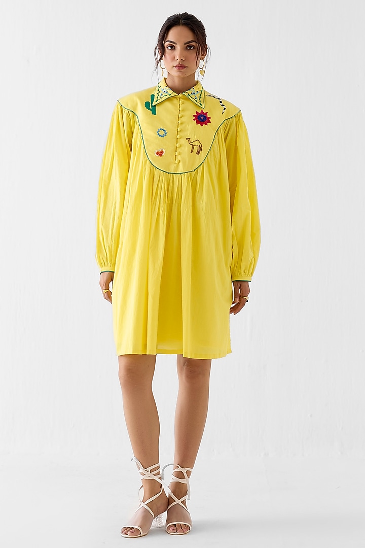 Yellow Viscose Linen Hand Embroidered Vacation Dress by Studio Rigu at Pernia's Pop Up Shop