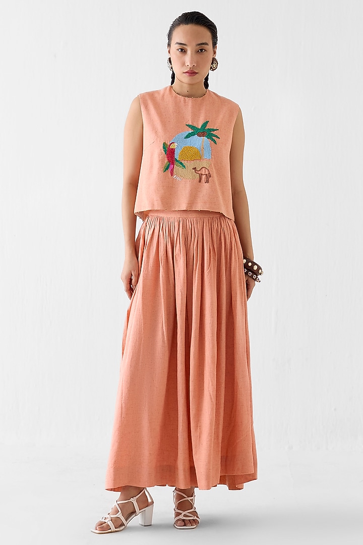 Peach Viscose Linen Skirt Set by Studio Rigu at Pernia's Pop Up Shop