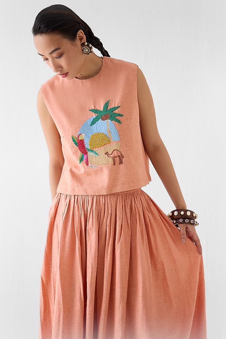 Peach Viscose Linen Skirt Set by Studio Rigu at Pernia's Pop Up Shop
