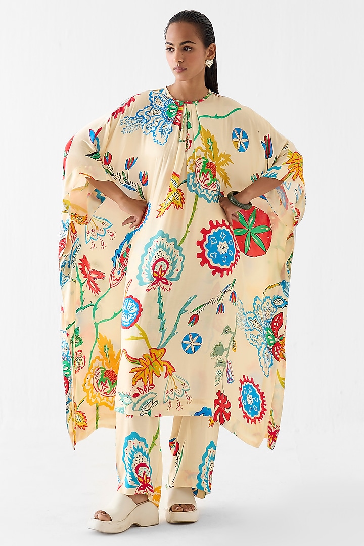 Cream Vegan Silk Block Printed Kurta Set by Studio Rigu at Pernia's Pop Up Shop