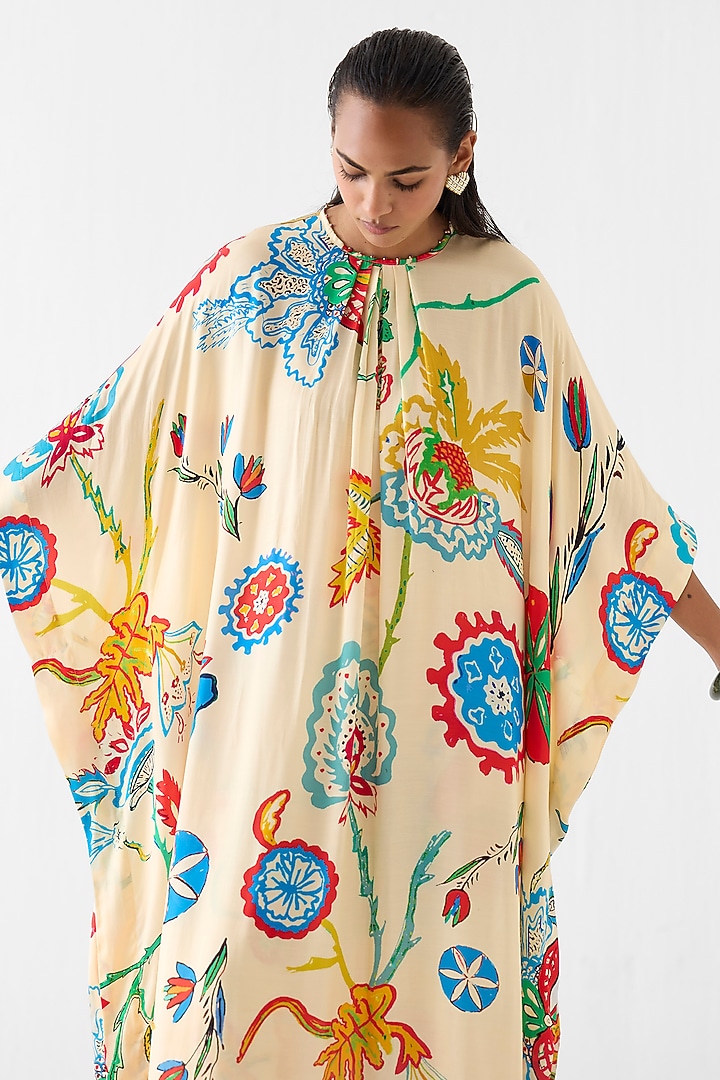 Cream Vegan Silk Block Printed Kurta Set by Studio Rigu at Pernia's Pop Up Shop