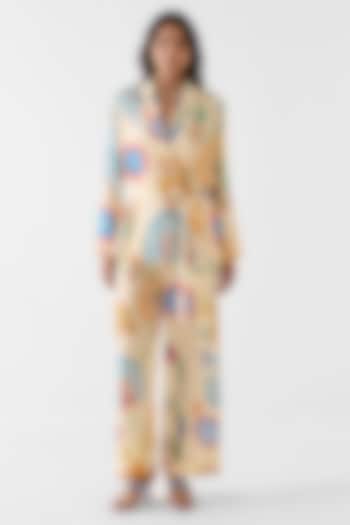 Cream Vegan Silk Floral Block Printed Co-Ord Set by Studio Rigu at Pernia's Pop Up Shop